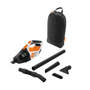 Stihl Akku-Handsauger SEA 20 orange-grau, mit Düsen, Schlauch und schwarzer Aufbewahrungstasche.