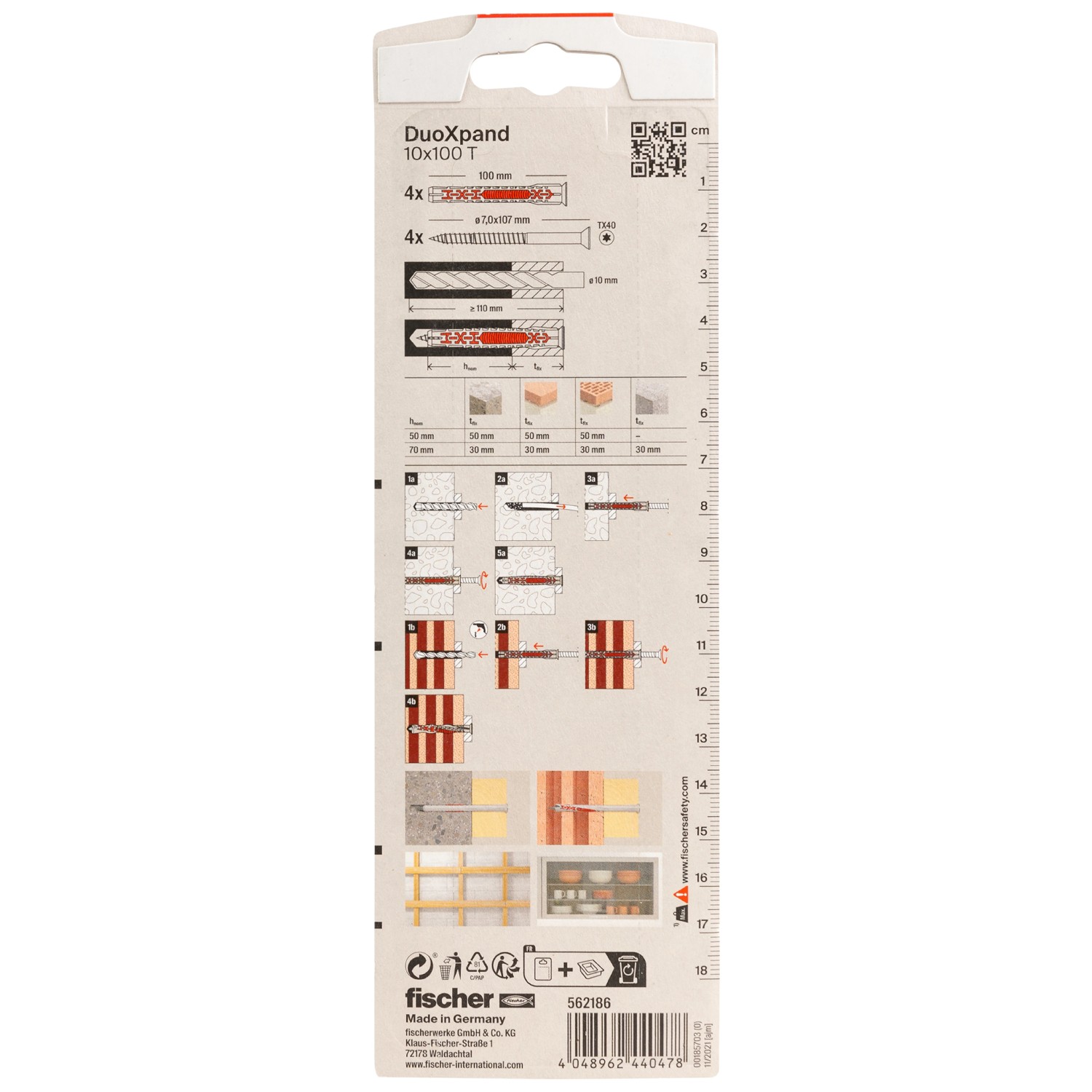 Fischer DuoXpand Dübel 10x100 mm, 4er-Pack. Langschaftdübel mit Senkkopfschraube für sichere Befestigungen.
