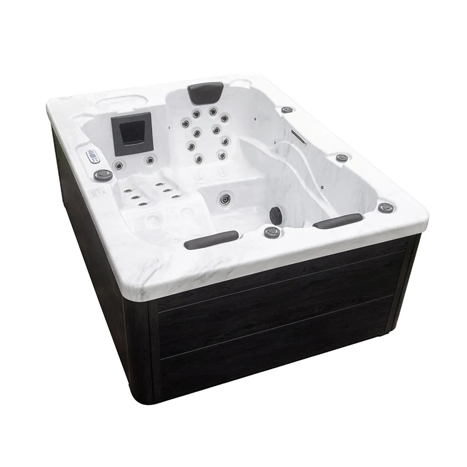 Home Deluxe Outdoor Whirlpool White Marble mit Treppe und Abdeckung.