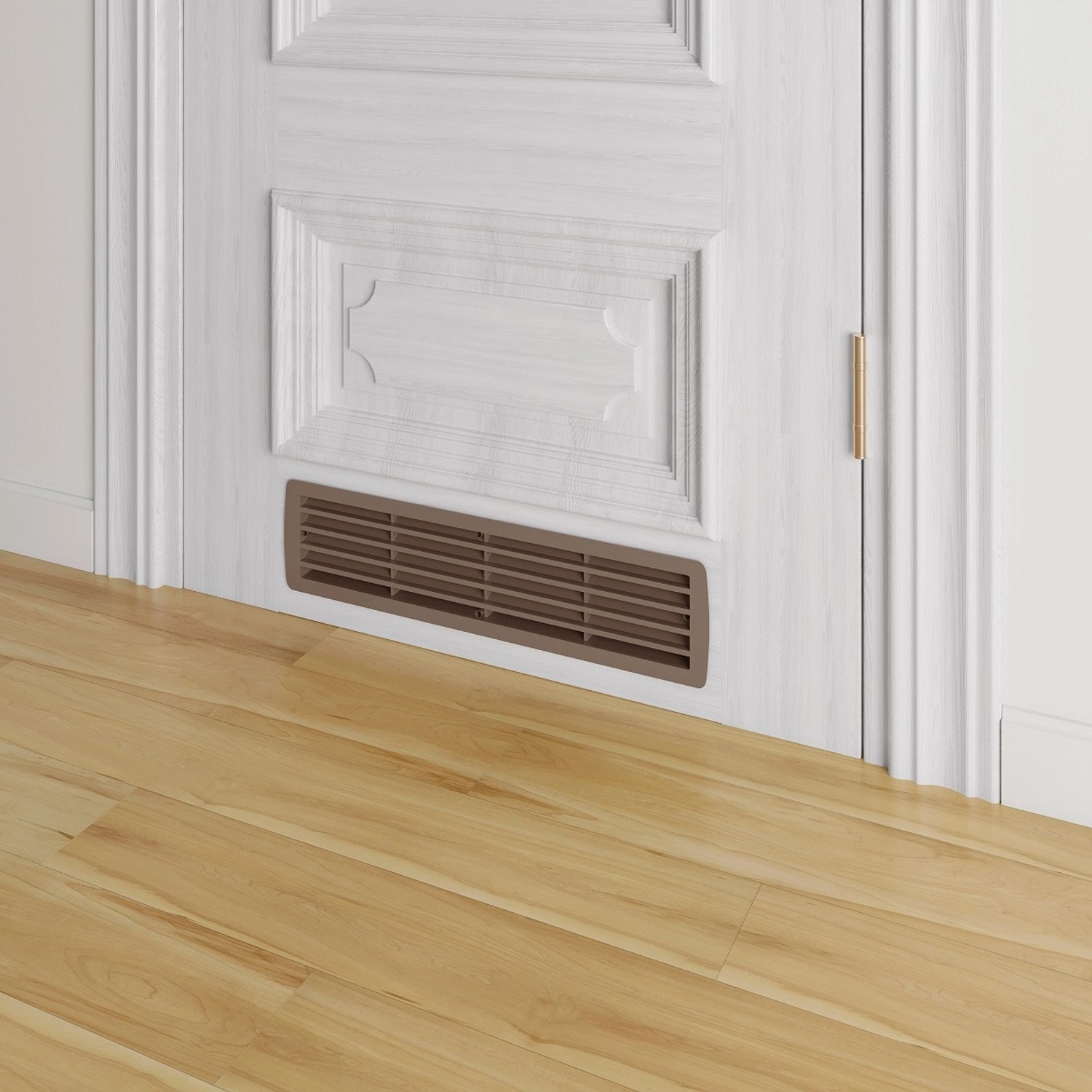 Türgitter Nußbaum: MS Beschläge Lüftungsgitter aus Kunststoff zur Raumbelüftung in Tür eingebaut.