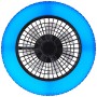 Schwarze LED-Deckenleuchte Badria mit Ventilator und blauem Lichtkranz, Ø 49 cm.