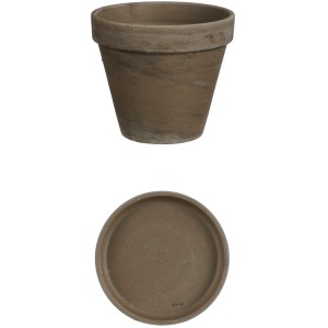 Grauer Terrakottatopf Stan mit Schale, 11,5x13,5cm, frost- und UV-beständig.