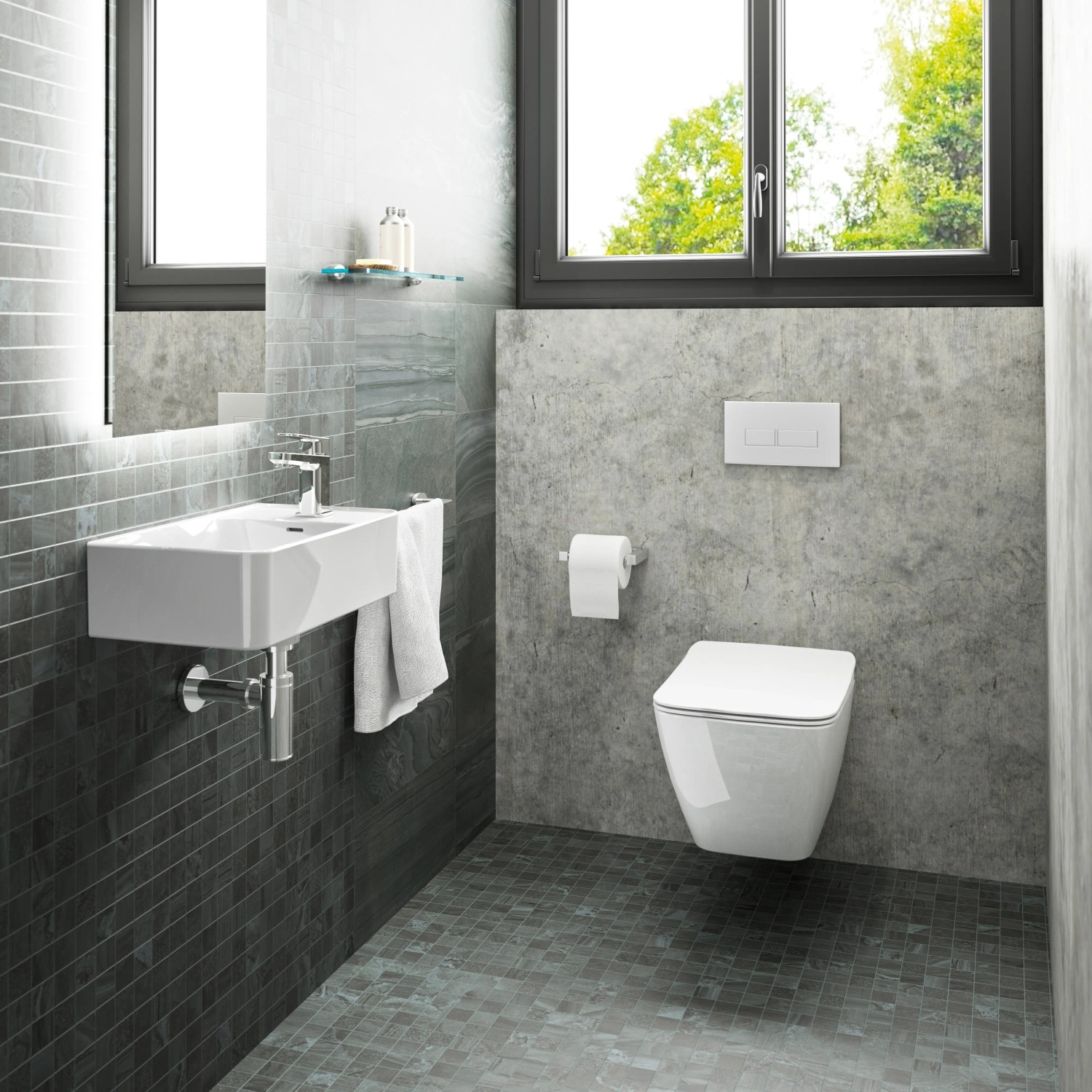 Modernes Bad mit Ideal Standard Wand-WC Strada II, spülrandlos in Weiß mit AquaBlade Technologie.