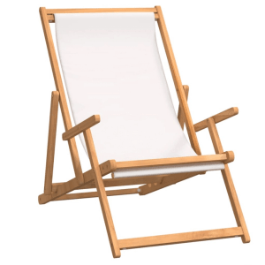 Klappbarer Strandstuhl aus Teakholz mit creme-farbener Stoffbespannung. Gartenstuhl für Strand und Camping.