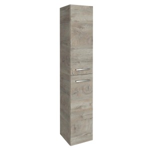 Fackelmann Bad-Hochschrank B.Style, Eiche Natur, 30 cm breit. Badezimmerschrank mit zwei Türen und silbernen Griffen.