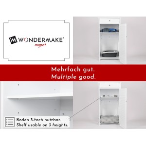WONDERMAKE Katzenschrank catarmarium1, weißes Katzenmöbel mit Schublade und Tür offen.