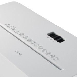 Detailaufnahme: Weißer Hama Aktenvernichter Safe X40-W mit Schalter und Symbolen.