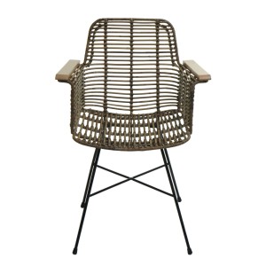 Esszimmerstuhl M29 aus Rattan, 6er-Set, mit Armlehnen aus Holz und schwarzem Metallgestell.