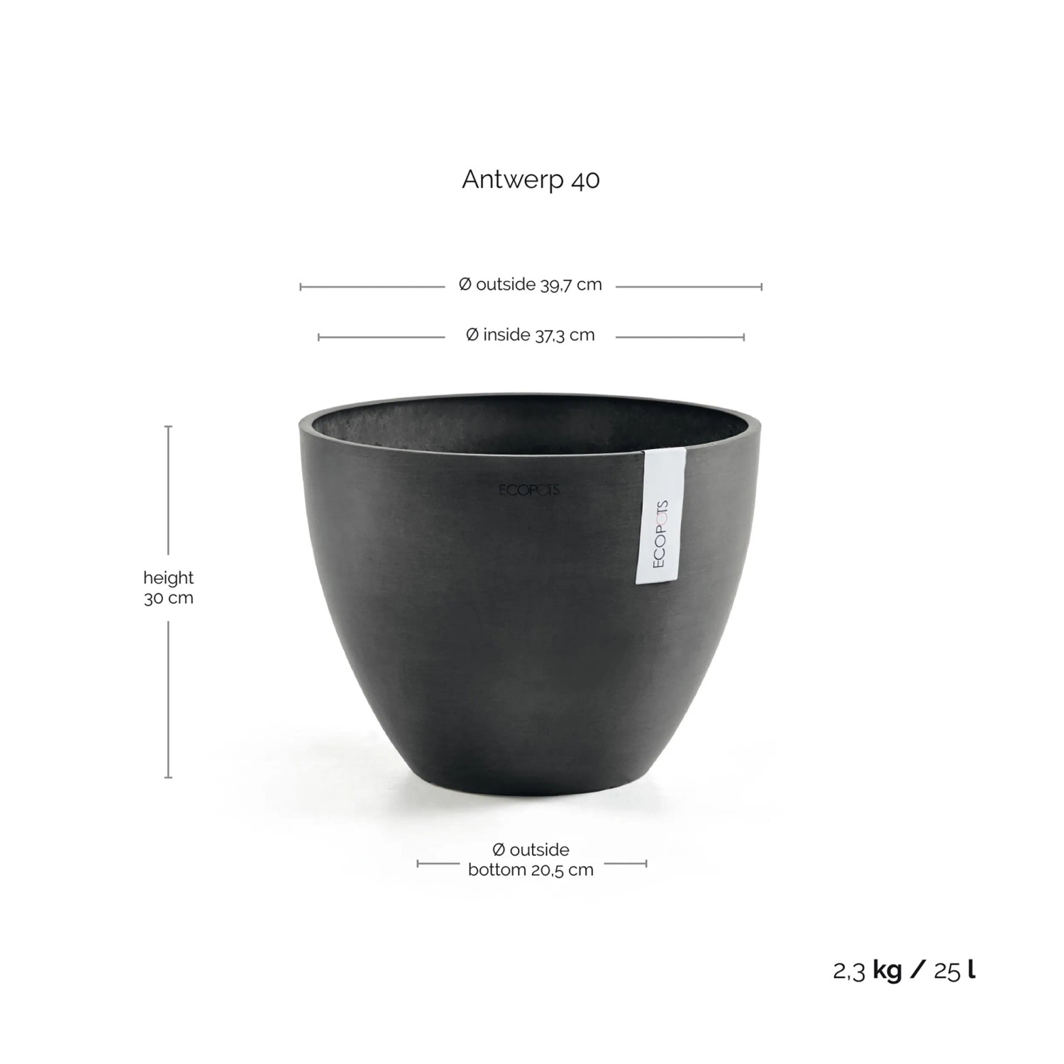 Dunkelgrauer Ecopots Pflanztopf Antwerp 40 cm aus robustem Recycling-Kunststoff für Innen & Außen.
