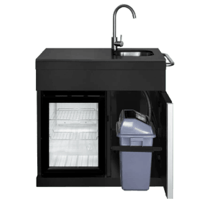 MyOutDoorKitchen Pure Compact Outdoorküche schwarz mit Spüle, Kühlschrank und Abfalleimer.