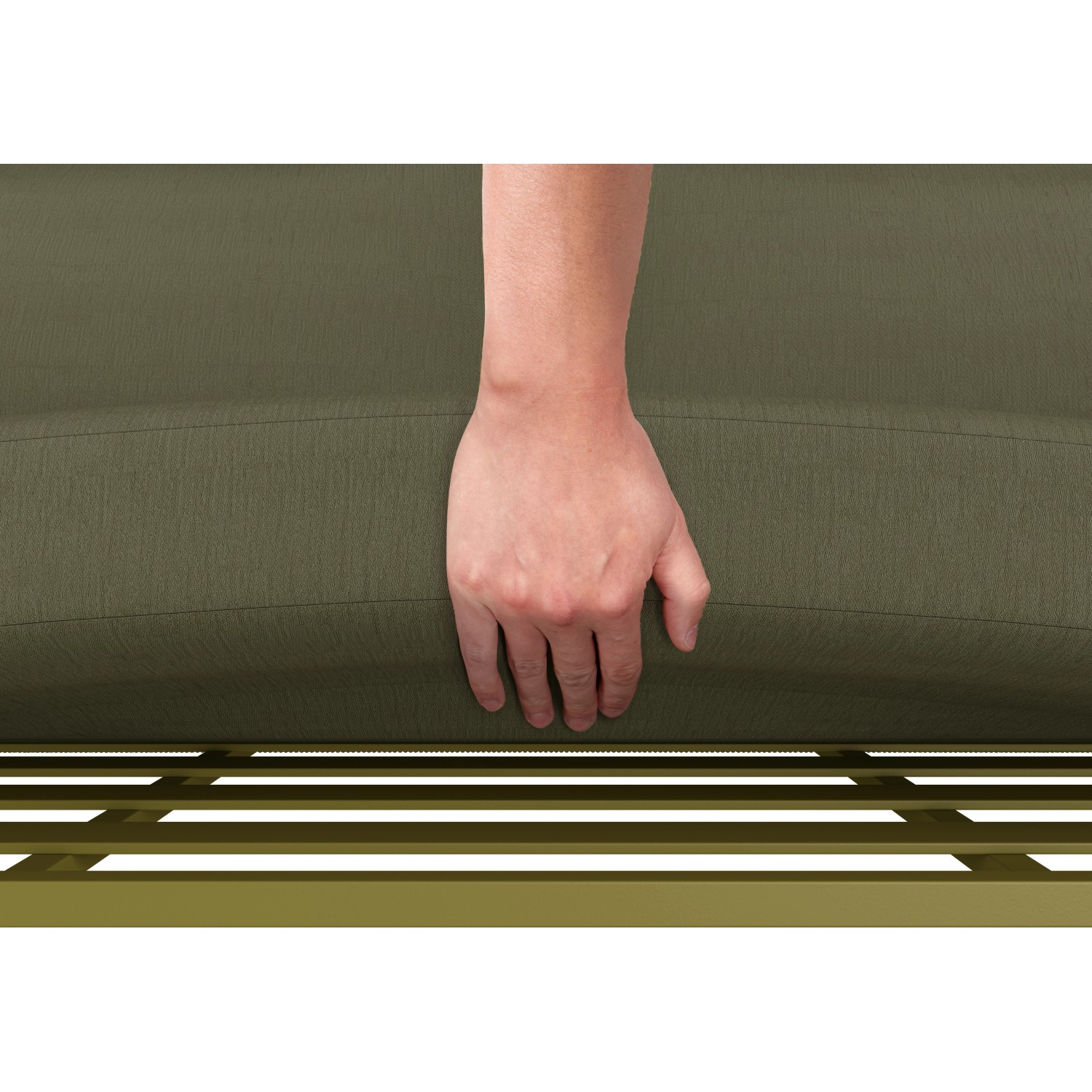 Detailaufnahme: Olivfarbenes Lounge-Set Scafford mit Seilbespannung und Hand.