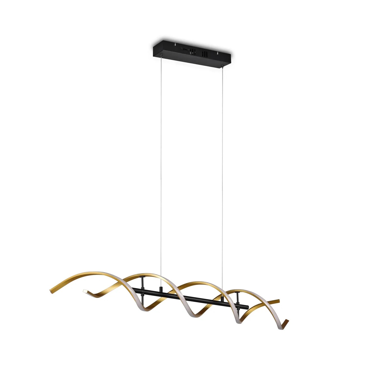 Moderne LED-Pendelleuchte Sequence in Goldfarben, geschwungenes Design für Wohn- und Essbereich.