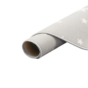 Gerollter, runder, grauer Kinderteppich mit Sternenmuster, 100 cm Durchmesser.