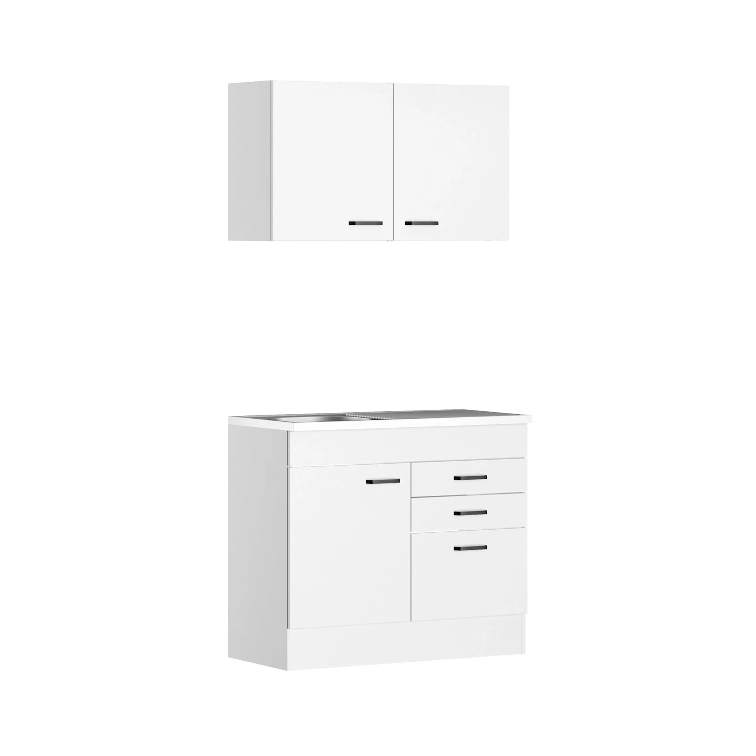 Weiße OPTIFIT Miniküche Bonn214, 100 cm breit, mit Spüle, Hängeschrank, Schubladen und Auszug.