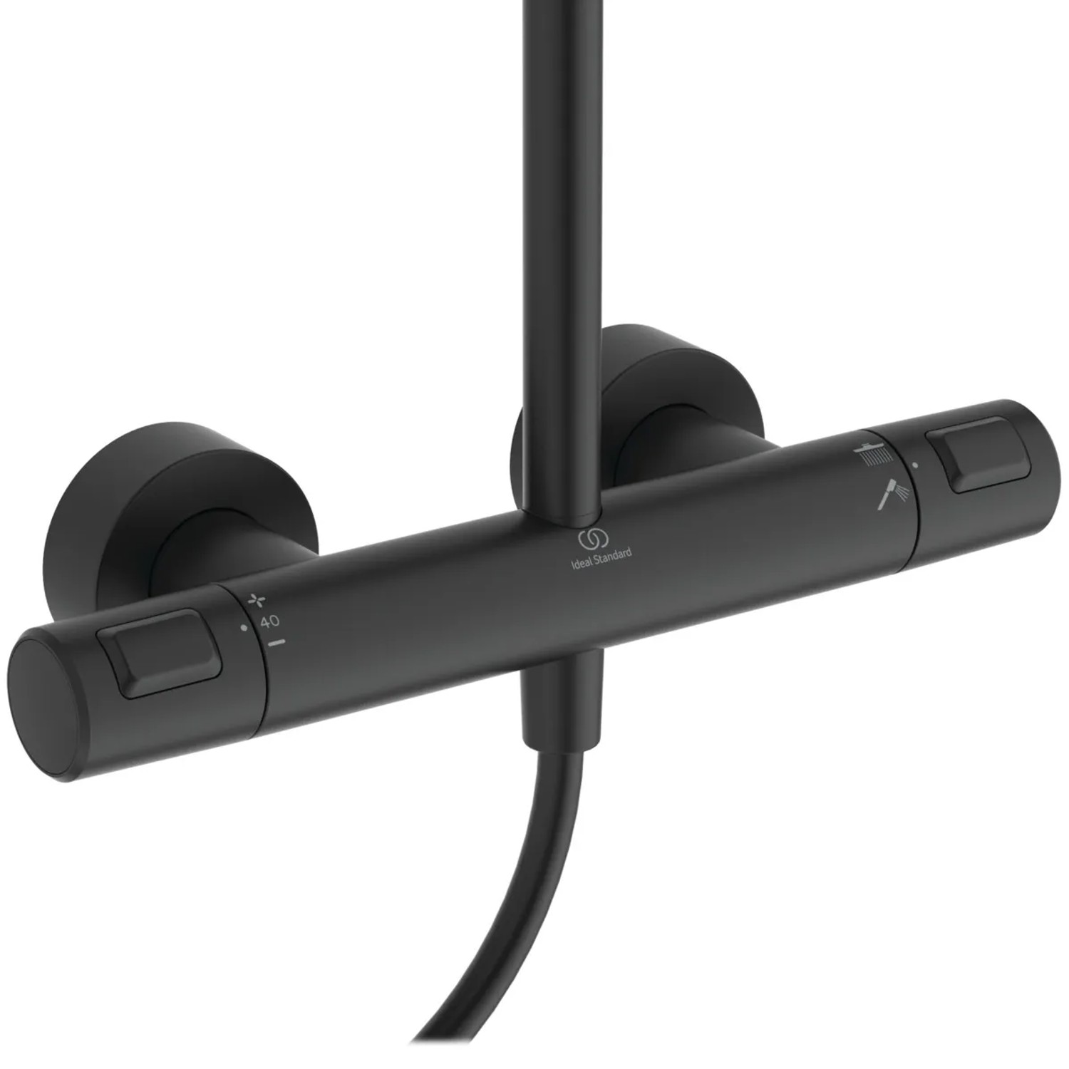 Ideal Standard Ceratherm T25+ Brausegarnitur in Schwarz Matt, Detailaufnahme des Thermostats.