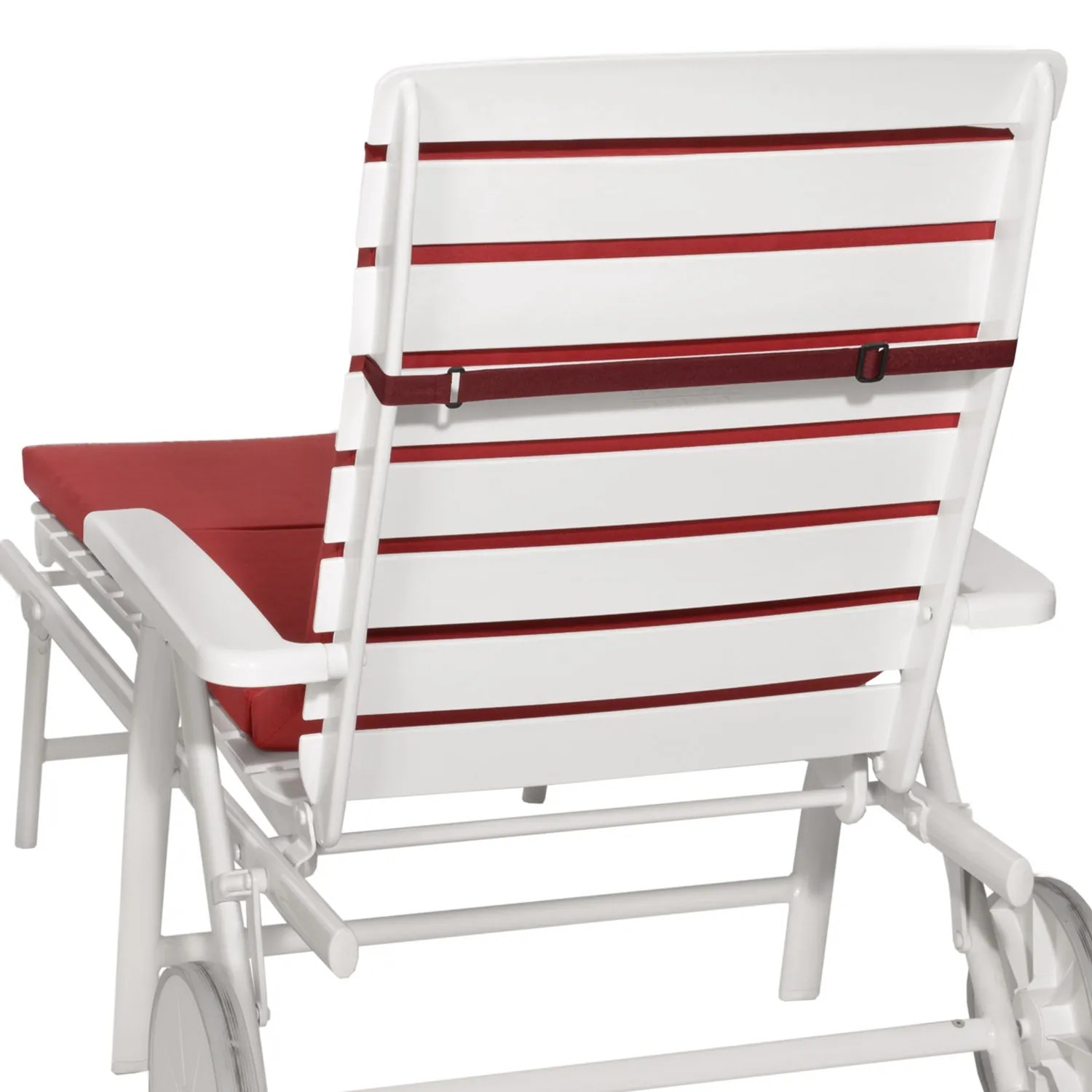 Beautissu Loft RL Rollliegenauflage 200x60 Rot auf Gartenliege, Befestigungsband sichtbar.