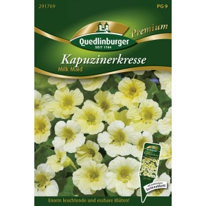 Packung Quedlinburger Kapuzinerkresse 'Milk Maid' mit hellgelben, essbaren Blüten.