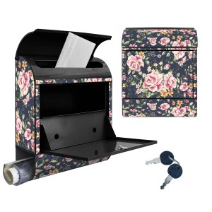 Banjado Design Briefkasten, schwarz pulverbeschichtet mit Rosenmotiv auf Anthrazit und Zeitungsfach.