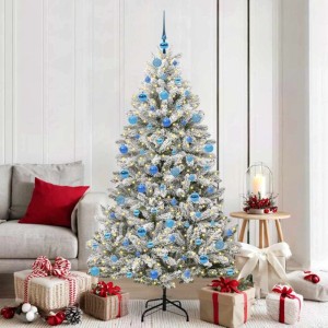 Geschmückter, künstlicher Weihnachtsbaum, grün-weiß, 180 cm hoch, mit blauen Kugeln und LED-Lichtern.