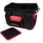 Offene Mephisto Werkzeugtasche Echo mit Schultergurt, schwarz-rot, aus robustem Polyester.