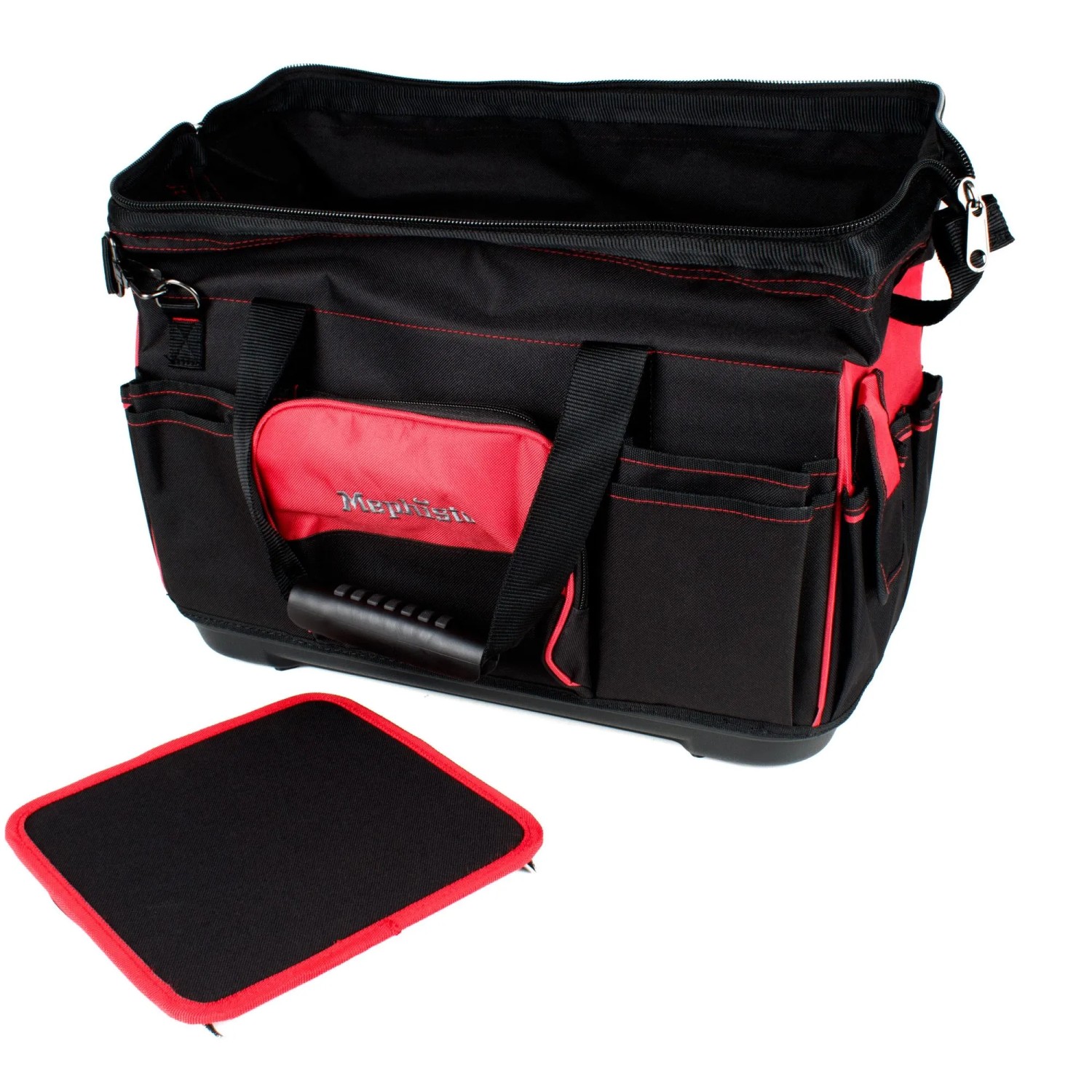 Offene Mephisto Werkzeugtasche Echo mit Schultergurt, schwarz-rot, aus robustem Polyester.