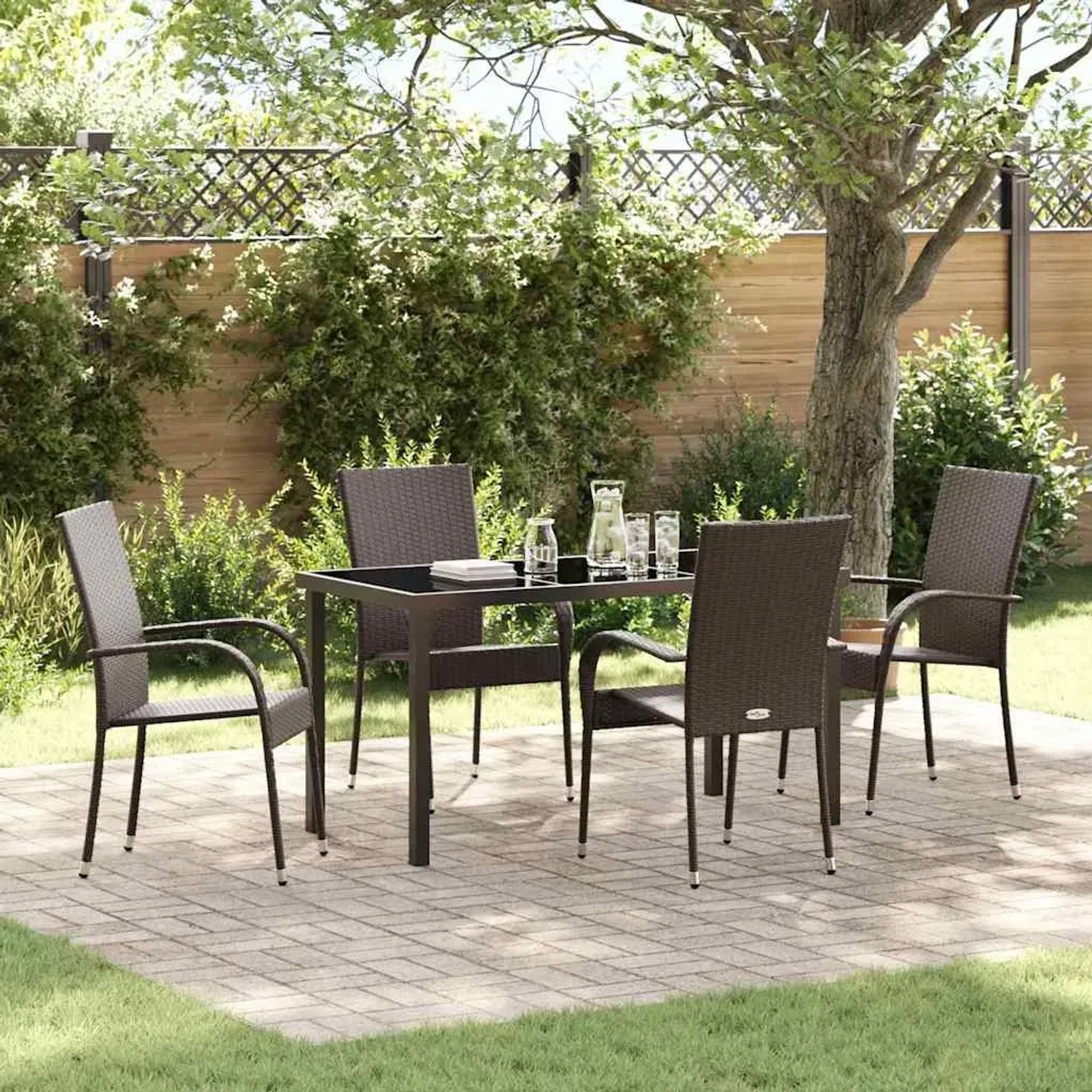 Braune 5-tlg. vidaXL Garten Essgruppe aus Poly Rattan mit Tisch und 4 Stühlen für den Garten.