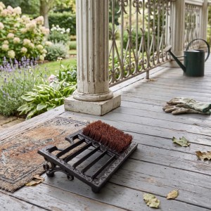 Schwarzer Gusseisen Schuhabstreifer mit Naturborsten und Schuhauszieher auf Holzterrasse. Ideal für Stiefel.