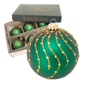 6er-Set grüne Krebs Glas Lauscha Weihnachtskugeln (8cm) mit goldenen Streifen.