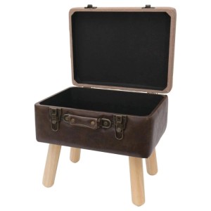 Brauner Vintage Sitzhocker Koffer mit geöffnetem Deckel, schwarzem Stauraum, Metallbeschlägen und Holzbeinen.