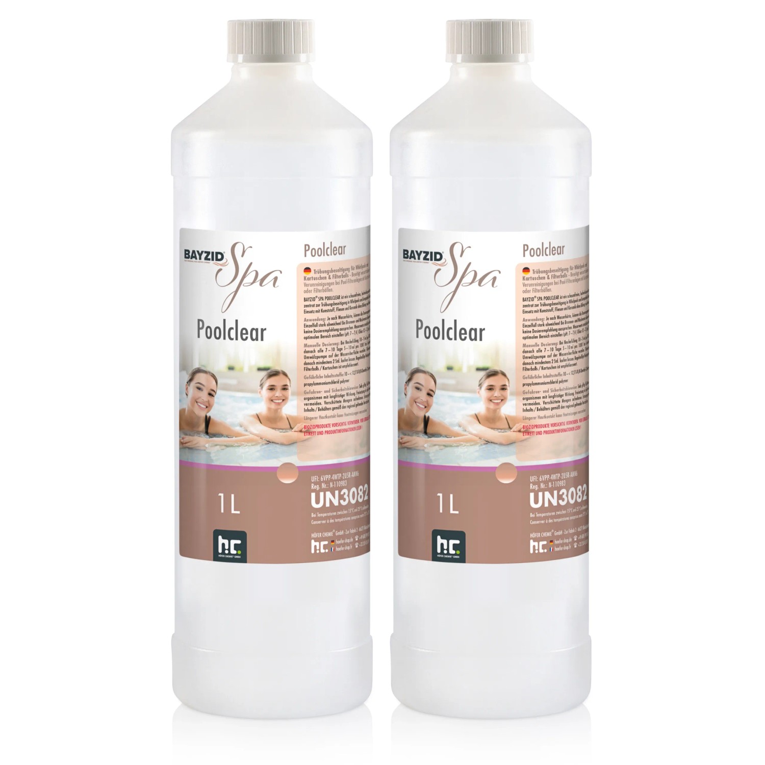 Zwei Flaschen Bayzid Spa Poolclear 1l zur Trübungsbeseitigung im Pool.