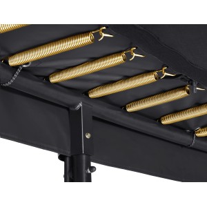 Detailaufnahme des schwarzen Salta First Class Trampolins mit goldenen Federn.