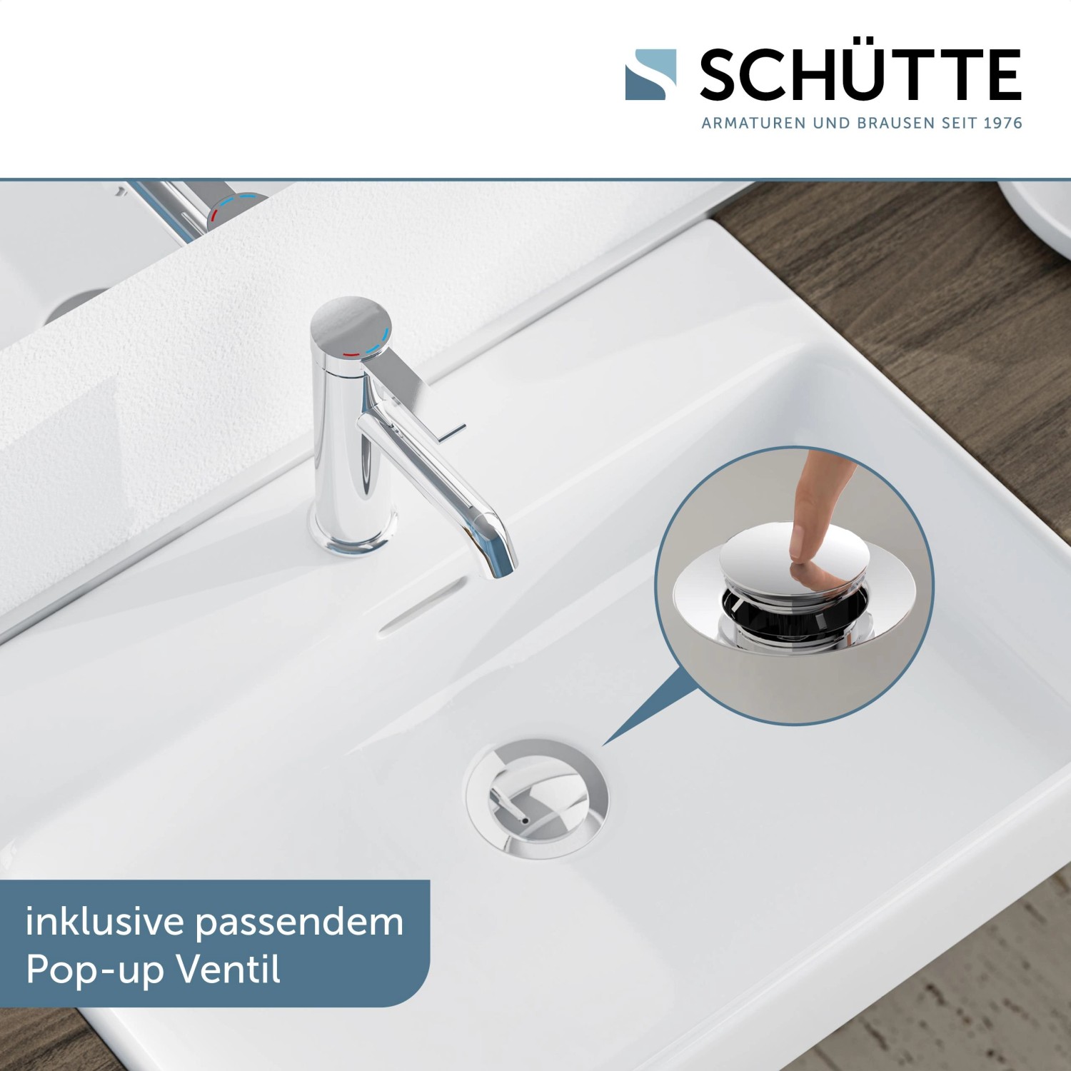 Schütte Waschtischarmatur Los Angeles Chrom mit Pop-Up-Ventil auf weißem Waschbecken.