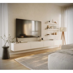 Weißes, 300 cm breites Selsey TV-Hängeboard Bemmi mit matter Oberfläche in modernem Wohnzimmer.