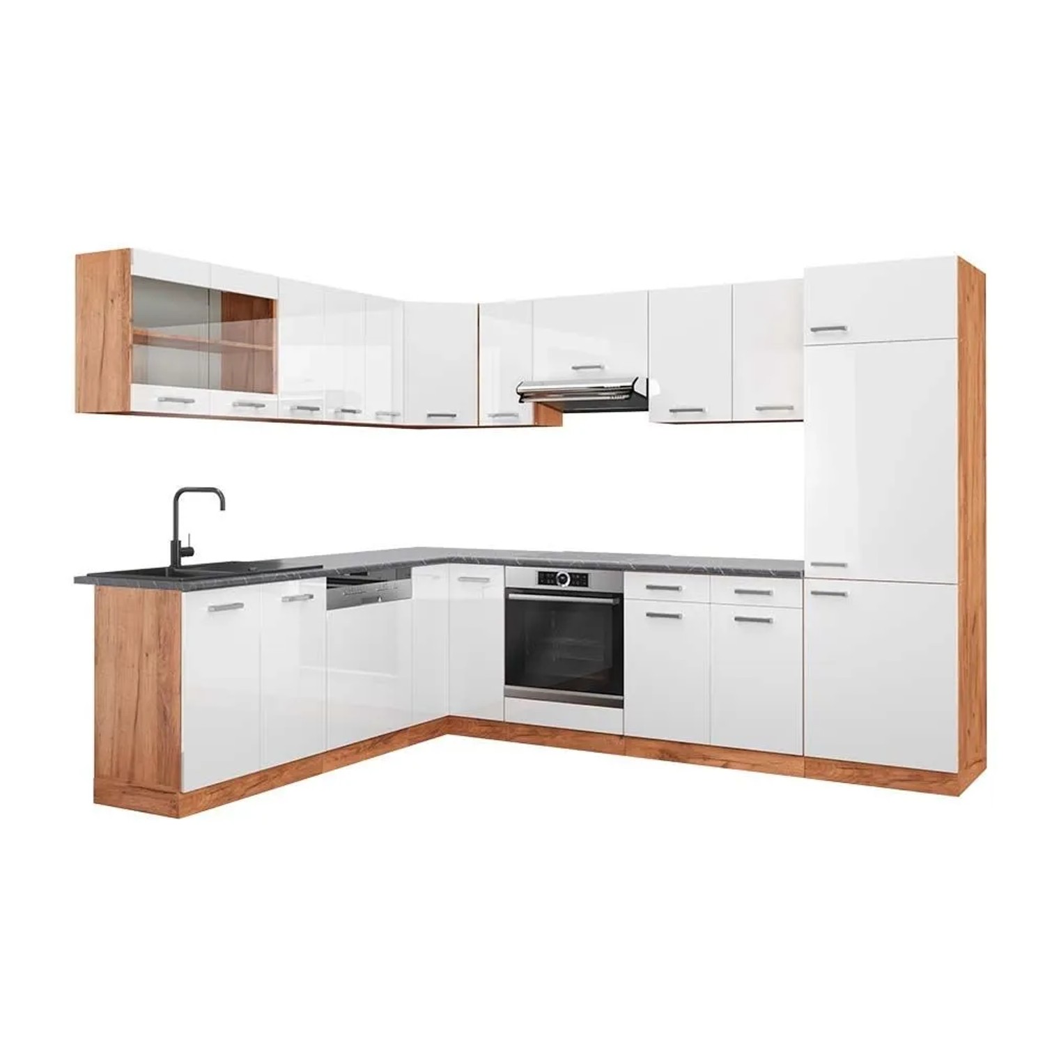 Vicco Eckküche R-Line Weiß Hochglanz/Goldkraft Eiche 287 x 82, AP Anthrazit