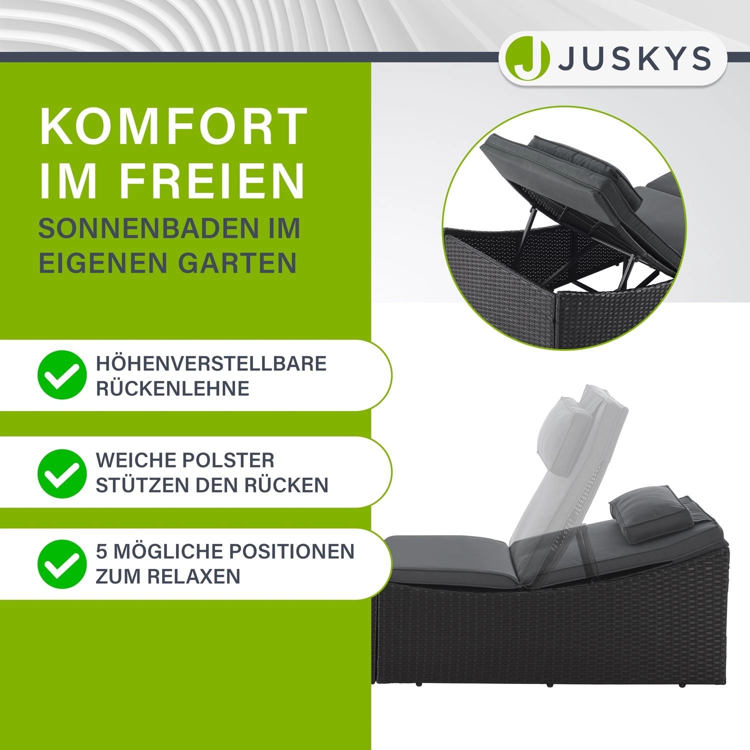 Faltbare, schwarze Juskys Sonnenliege Lamia mit verstellbarem Kopfteil und grauer Auflage.