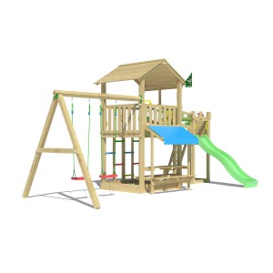 Jungle Gym Spielturm Cascade mit 2 Schaukeln, Brücke und Rutsche in Hellgrün.