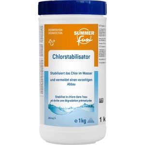 Summer Fun Chlorstabilisator, 1 kg, zur Pool Desinfektion. Granulat in weißer Dose mit blauem Deckel.
