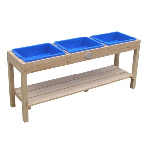 Axi Sand- und Wassertisch mit 3 blauen Behältern aus naturbraunem Holz. Spieltisch mit Ablage für Kinder.