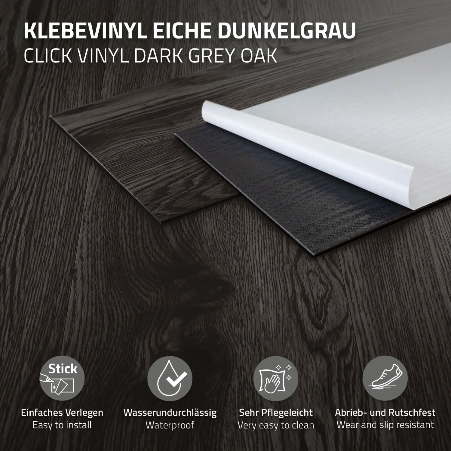 ML-Design Vinylboden Eiche Dunkelgrau, selbstklebend. PVC Bodenbelag für einfache Verlegung.