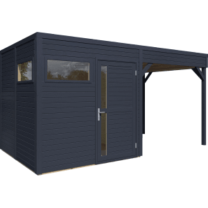 Bertilo Holz-Gartenhaus Cubus 2 Lounge in Anthrazit mit Fenster, Tür und überdachter Terrasse.