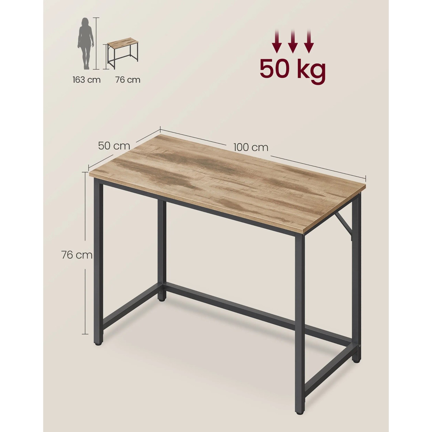 Vasagle Schreibtisch, 100x76x50 cm, braun-schwarz. Kompakter Computertisch mit Stahlrahmen.