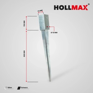 HOLLMAX Einschlaghülse, silber verzinkt, für 71mm Vierkantpfosten. Stahl-Pfostenträger mit 75mm Breite, 60cm Erdspieß.