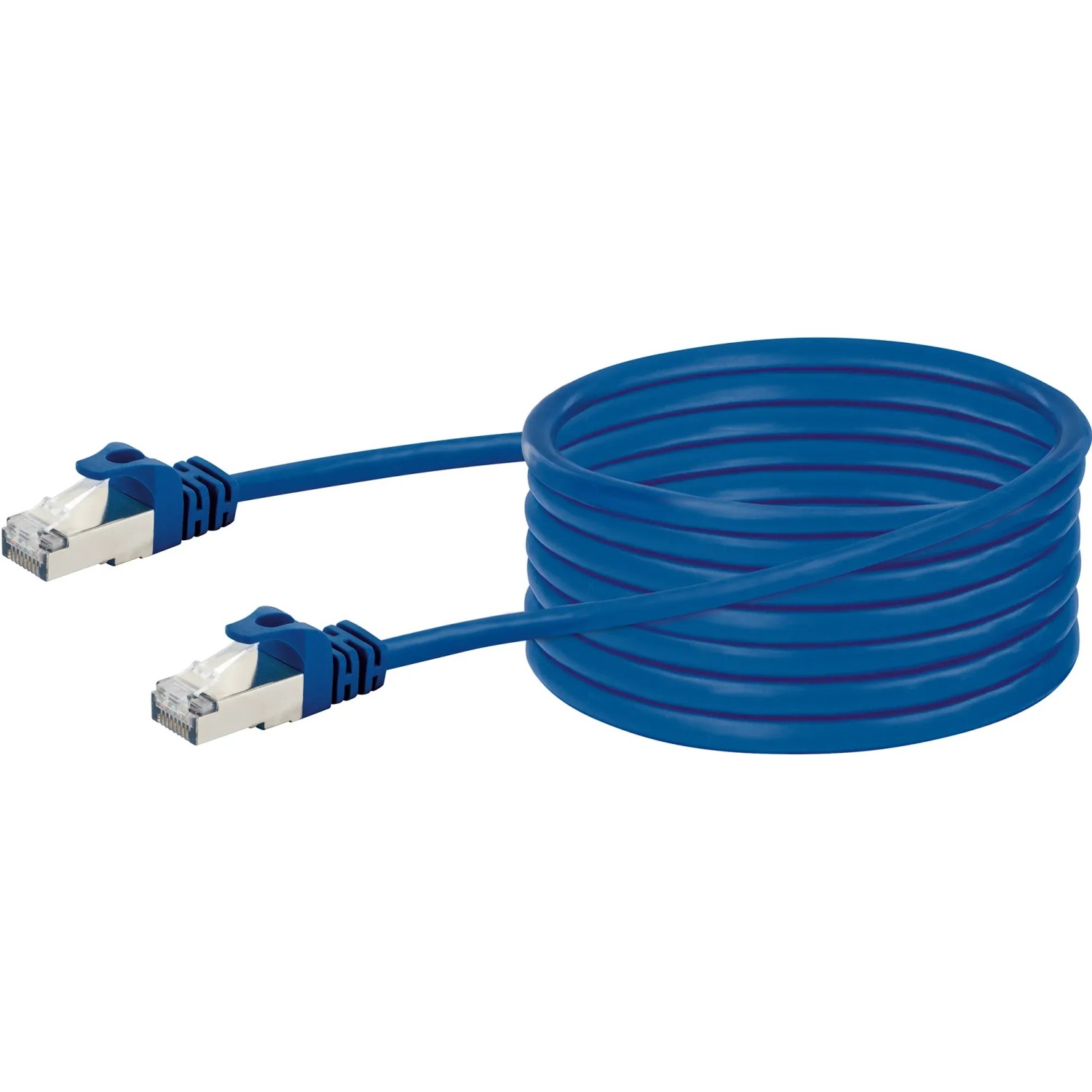 Blaues Schwaiger CAT 8 Netzwerkkabel (5 m) mit RJ45 Stecker für Netzwerktechnik.