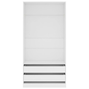 Weißer Kleiderschrank (100x50x200 cm) mit 2 Schubladen und Hängestange.