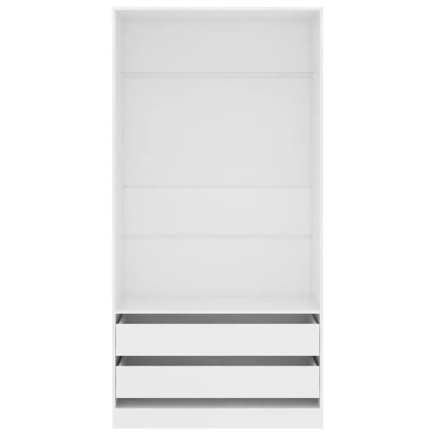 Weißer Kleiderschrank (100x50x200 cm) mit 2 Schubladen und Hängestange.