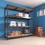 Anthrazitfarbenes Mega Schwerlast-Steckregal aus Metall mit vier Holzböden, ideal für Keller oder Garage.