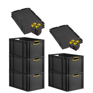 PROREGAL SparSet: 5 schwarze Euroboxen mit gelben Griffen und Auflagedeckel, 65 Liter, stapelbar.