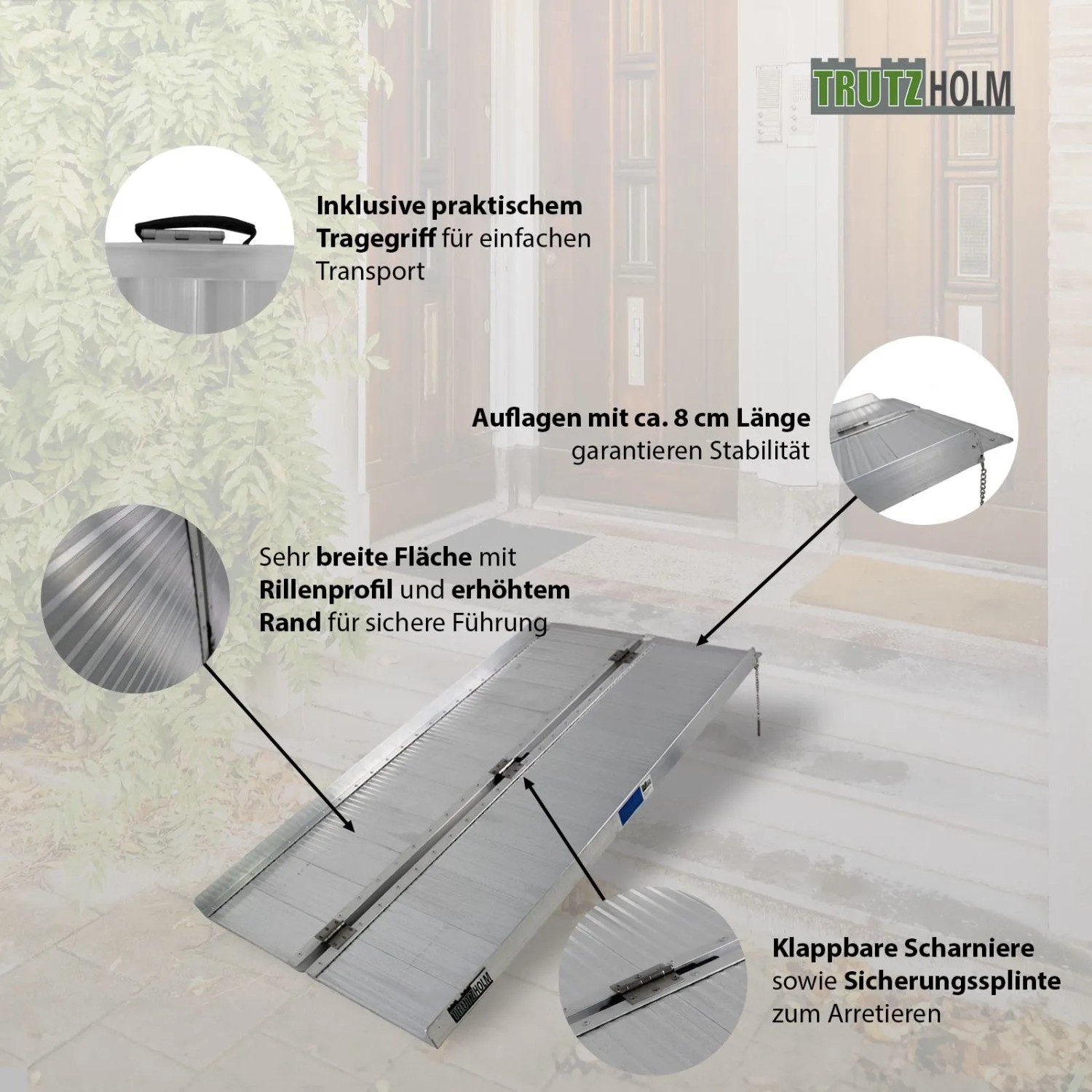 TRUTZHOLM Rollstuhlrampe, klappbar, 184 cm, Traglast 272 kg, Aluminium, mit Rillenprofil für sicheren Halt.