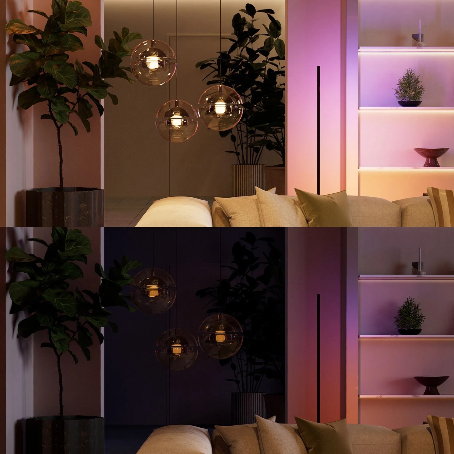 Wohnzimmer mit Philips Hue Wandschaltermodul. Zeigt dimmbare Leuchten: Oben helles, warmes Licht, unten gedimmtes, farbiges smartes Licht.