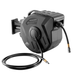 STAHLWERK Druckluft-Schlauchtrommel mit 20 m Schlauch und Aufrollautomatik im robusten, schwarzen Gehäuse.